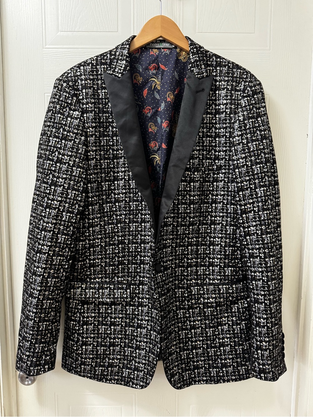Paisley & Gray Black and White Tweed Blazer with Satin Lapel
